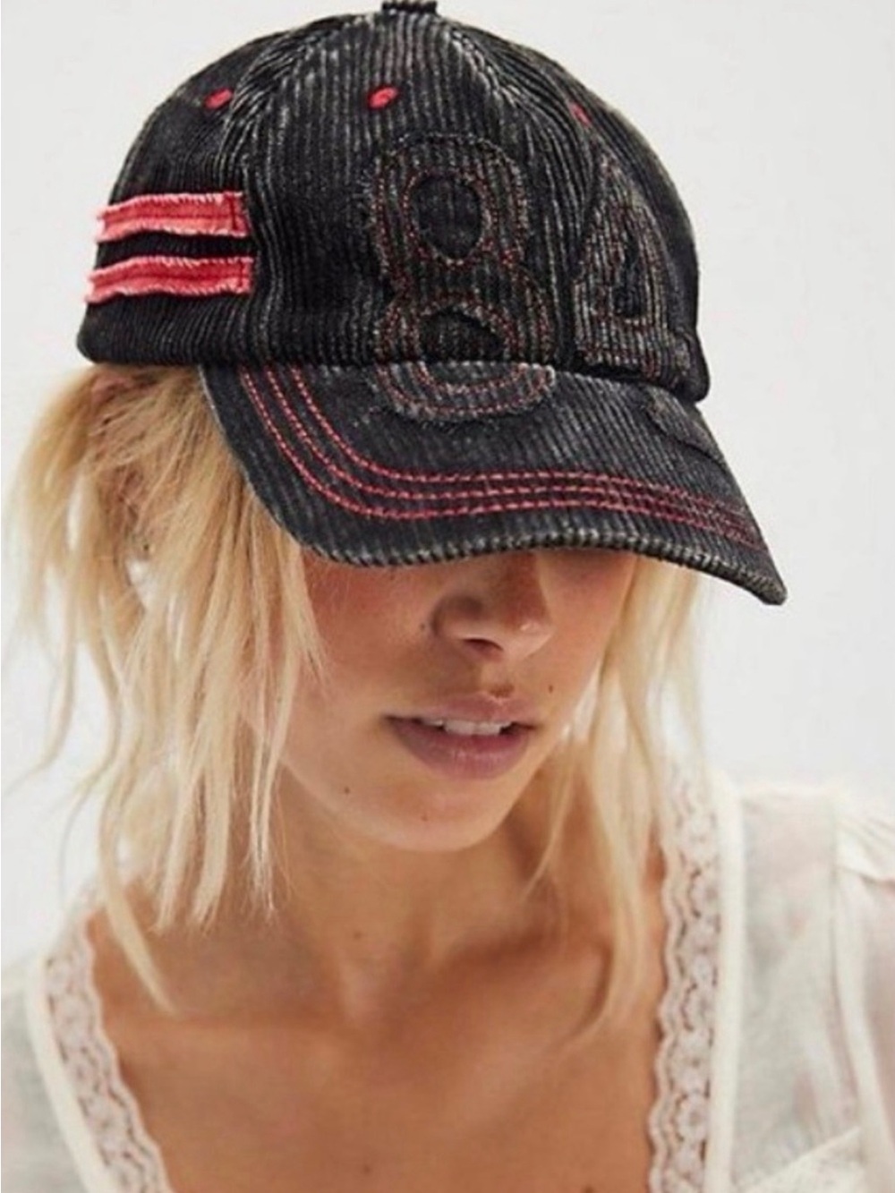 Free People Hollie Varsity Baseball Cap Black Red NWT